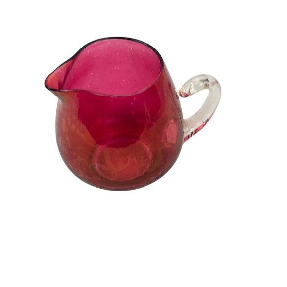 Cranberry Ruby Red Handblown Glass Creamer Pilgrim Glass Clear Handle - Picture 4 of 9